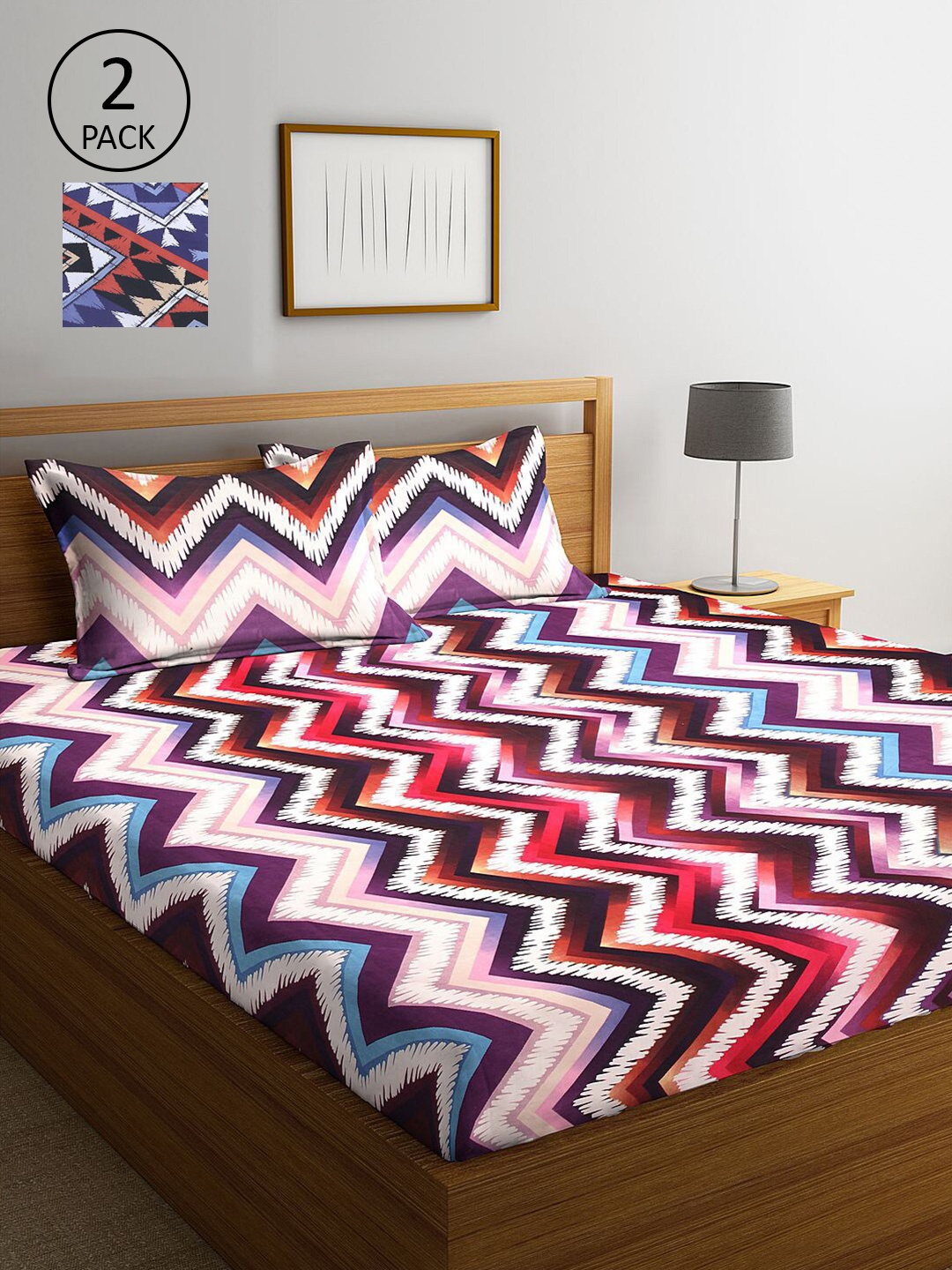 

KLOTTHE Blue & Red Geometric Printed 210 TC 2 King Bedsheets with 4 Pillow Covers