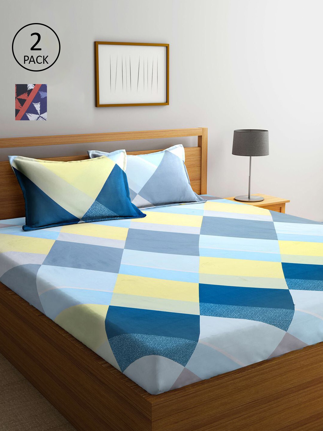 

KLOTTHE Blue & Yellow Geometric 210 TC Set Of 2 King Bedsheet with 4 Pillow Covers