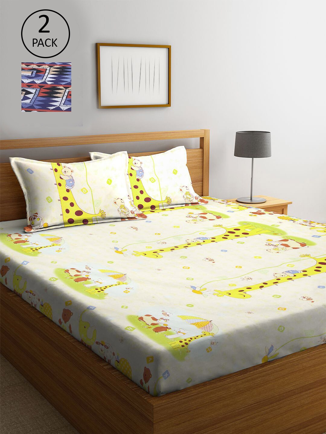 

KLOTTHE Blue & Green Cartoon Printed 210 TC 2 King Bedsheets with 4 Pillow Covers