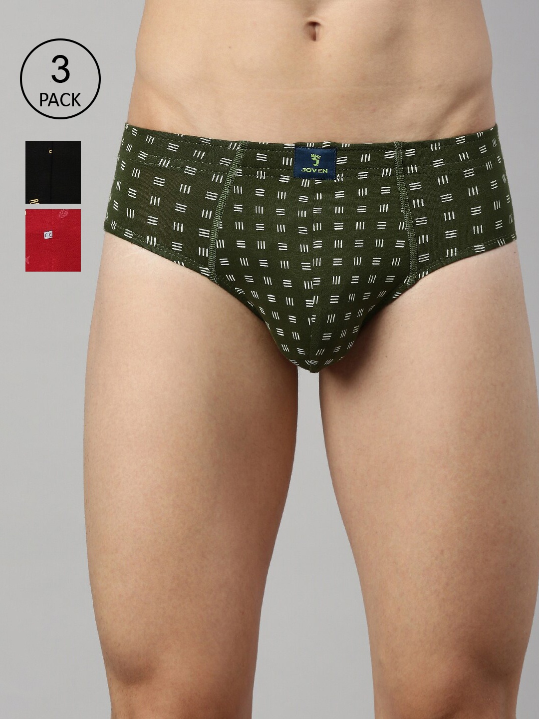 

Joven Men Pack Of 3 Olive Green & Black Printed Cotton Basic Briefs