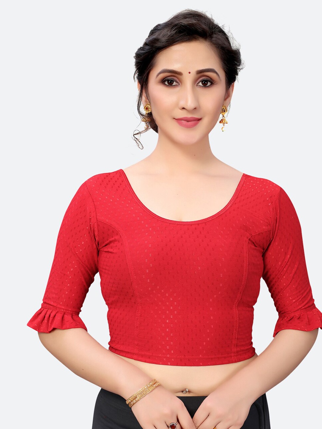 

SIRIL Women Red Woven Design Round Neck Saree Blouse