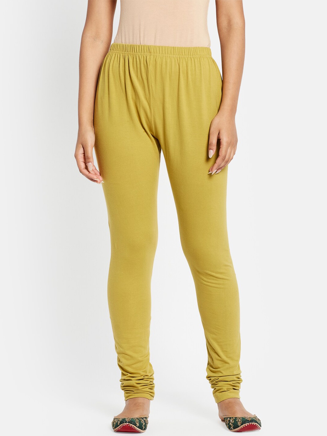 

Fabindia Women Green Cotton Blend Solid Churidar Leggings