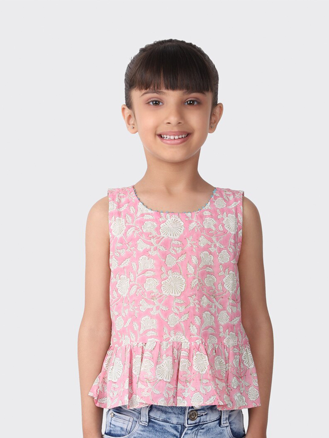 

Fabindia Pink & White Floral Print Pure Cotton Peplum Top