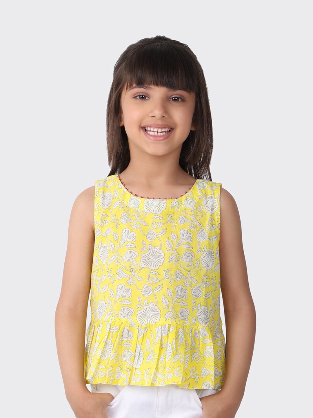

Fabindia Yellow Floral Print Pure Cotton Peplum Top