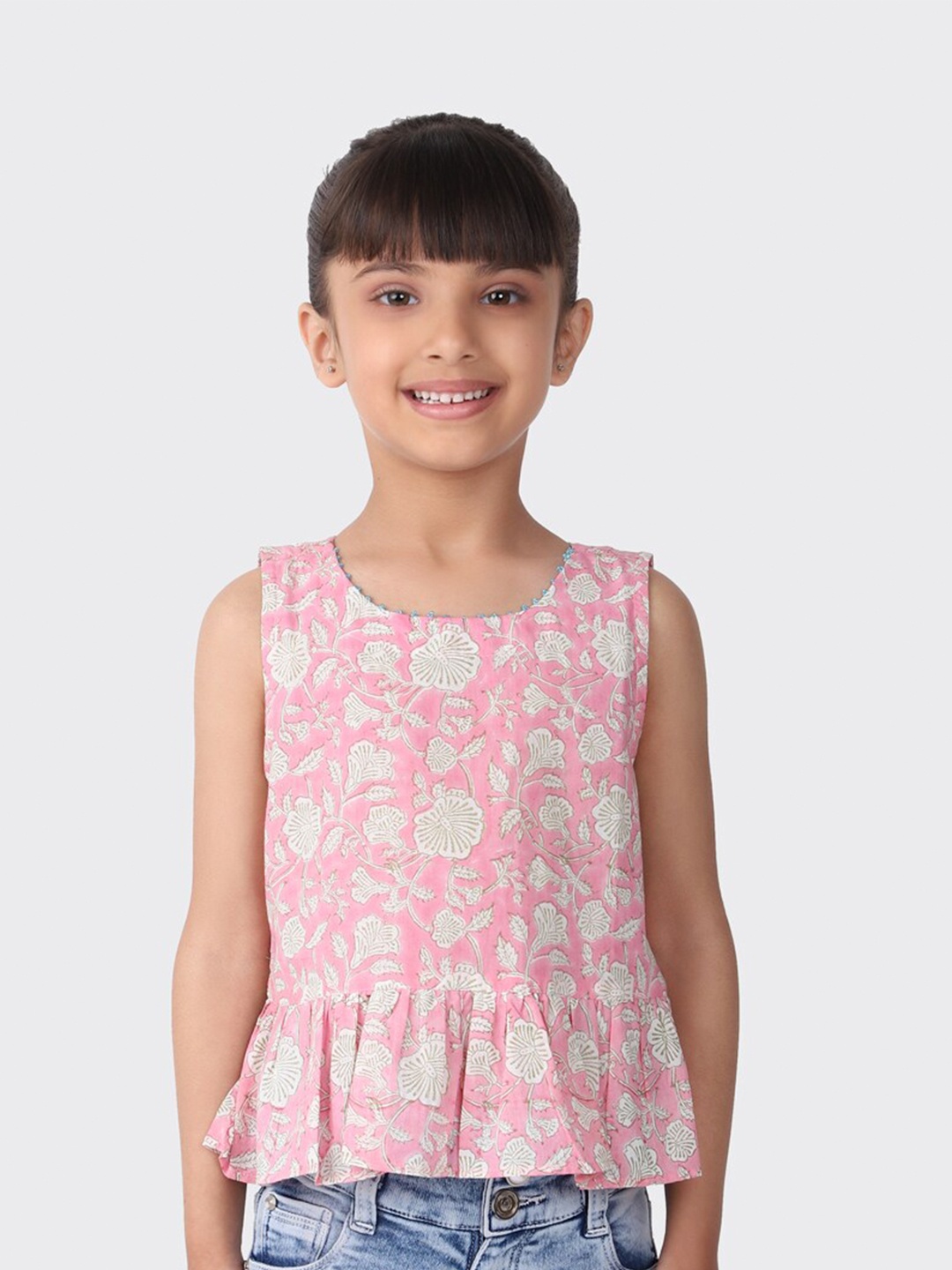 

Fabindia Pink & White Floral Print Pure Cotton Peplum Top