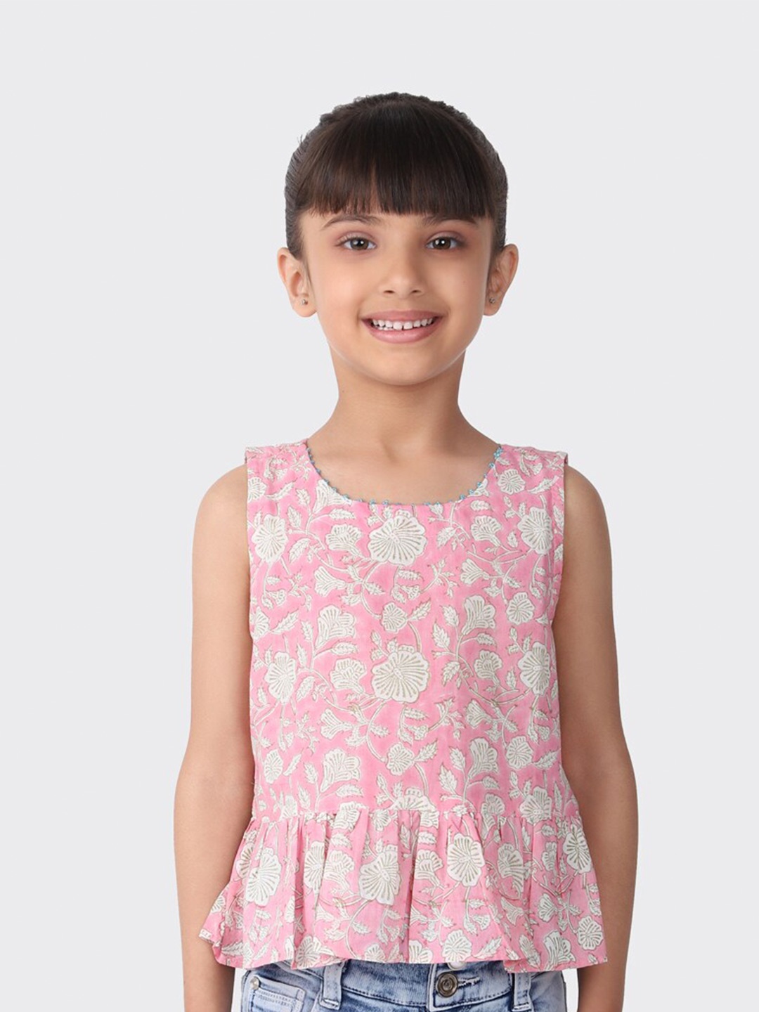 

Fabindia Pink & White Floral Print Pure Cotton Top