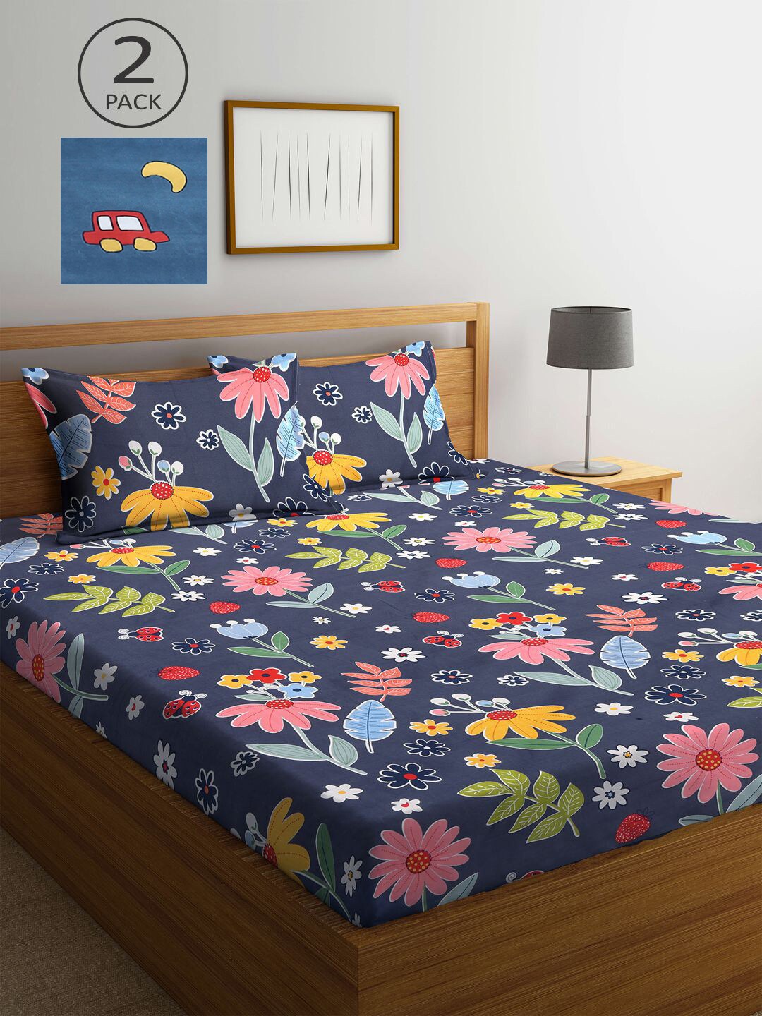 

KLOTTHE Blue & Pink Floral Printed 210 TC 2 King Bedsheets with 4 Pillow Covers