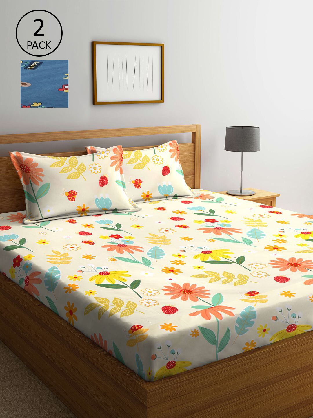 

KLOTTHE Blue & Yellow Floral 300 TC 2 King Bedsheet with 4 Pillow Covers