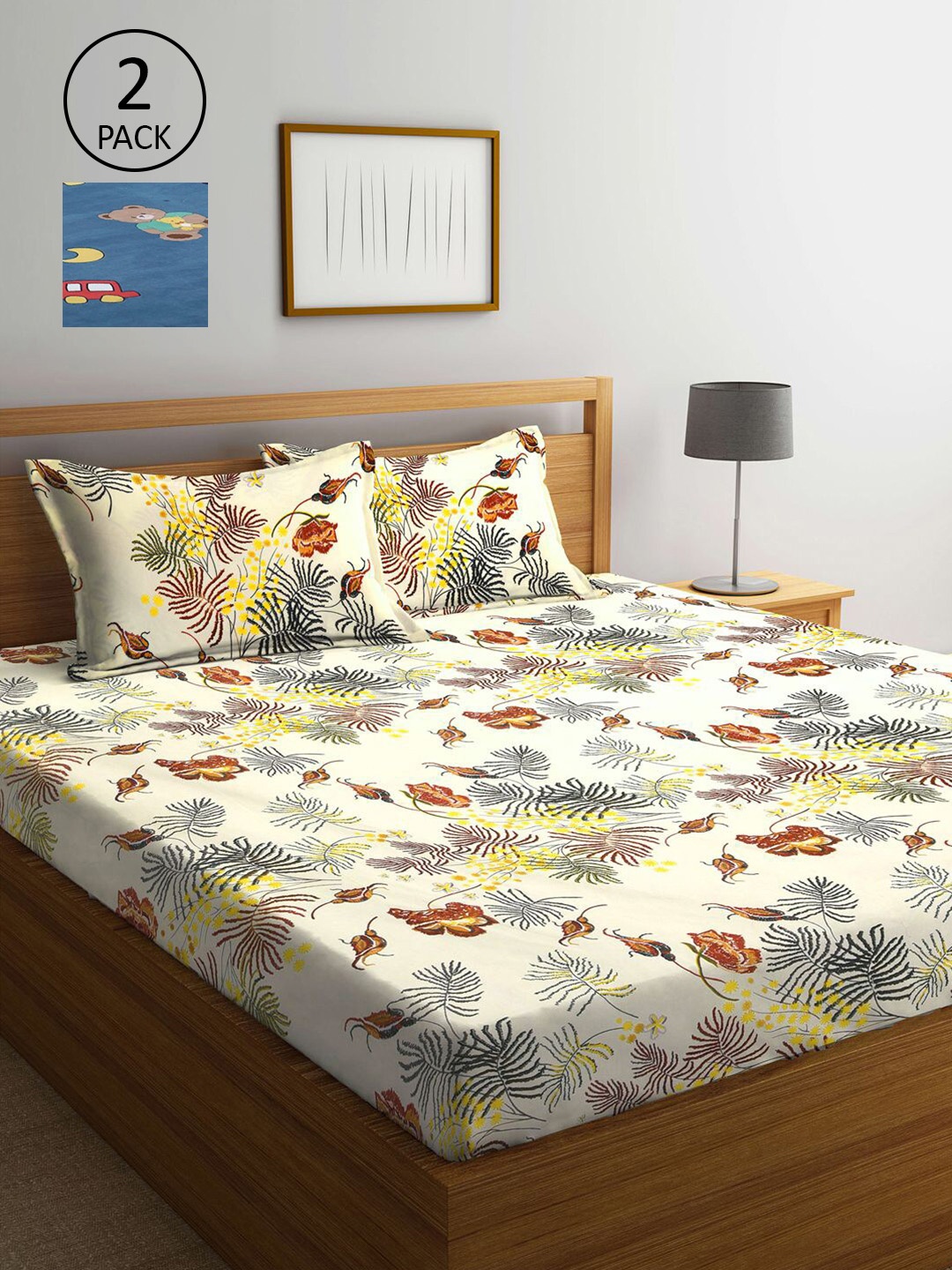 

KLOTTHE Beige & Blue Floral Printed 210 TC 2 King Bedsheets with 4 Pillow Covers