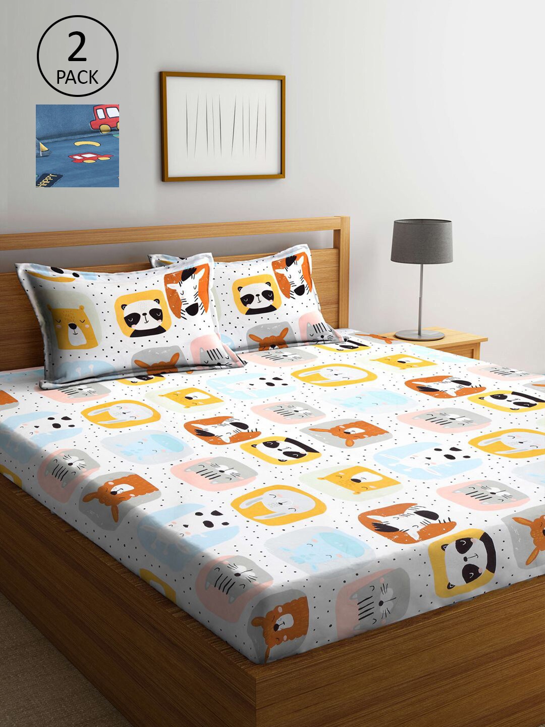 

KLOTTHE Multicoloured Cartoon Characters 300 TC 2 King Bedsheet with 4 Pillow Covers, Multi