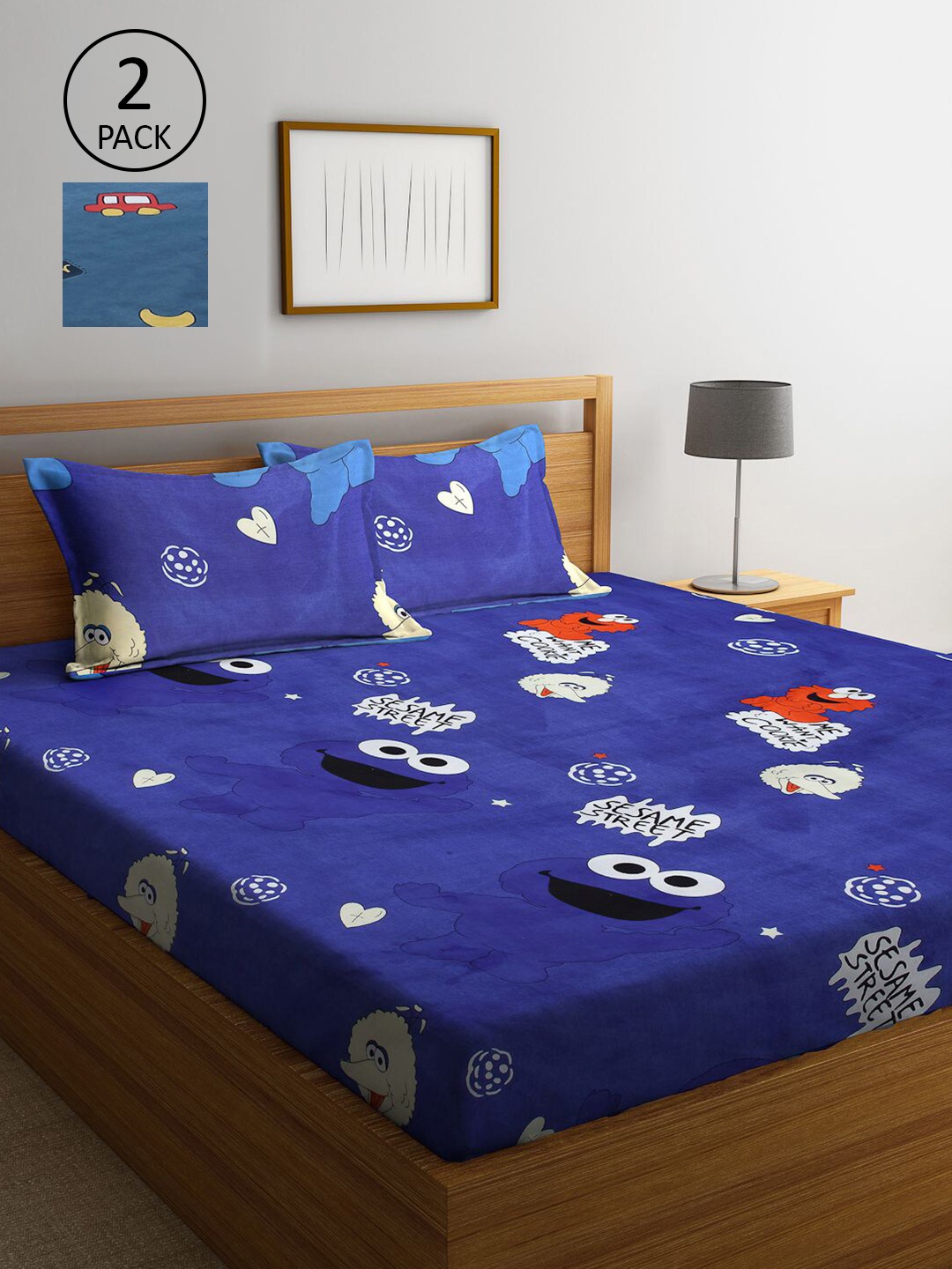 

KLOTTHE Blue & White Cartoon Characters 300 TC 2 King Bedsheet with 4 Pillow Covers