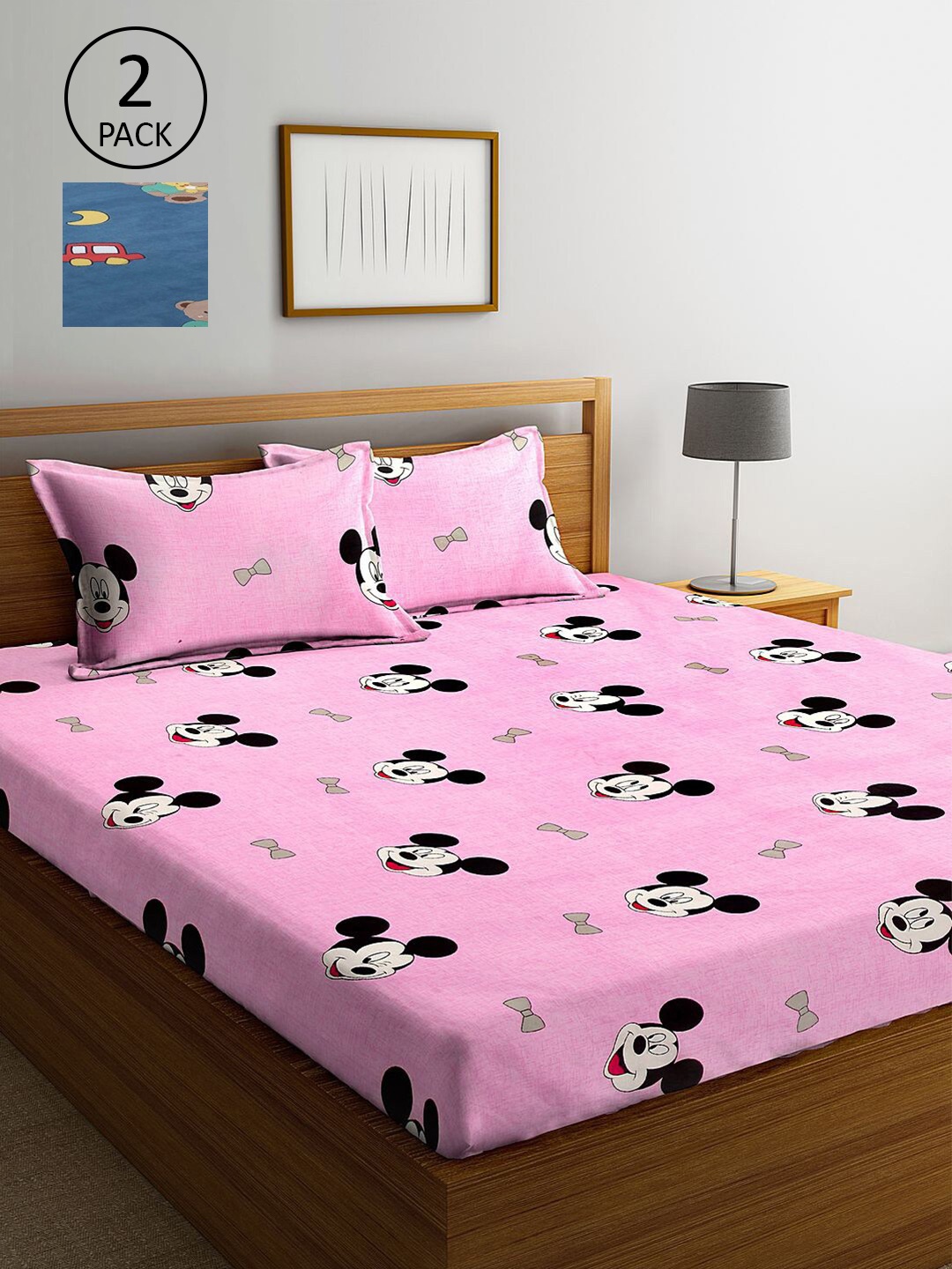 

KLOTTHE Blue & Pink Cartoon Characters 300 TC 2 King Bedsheet with 4 Pillow Covers