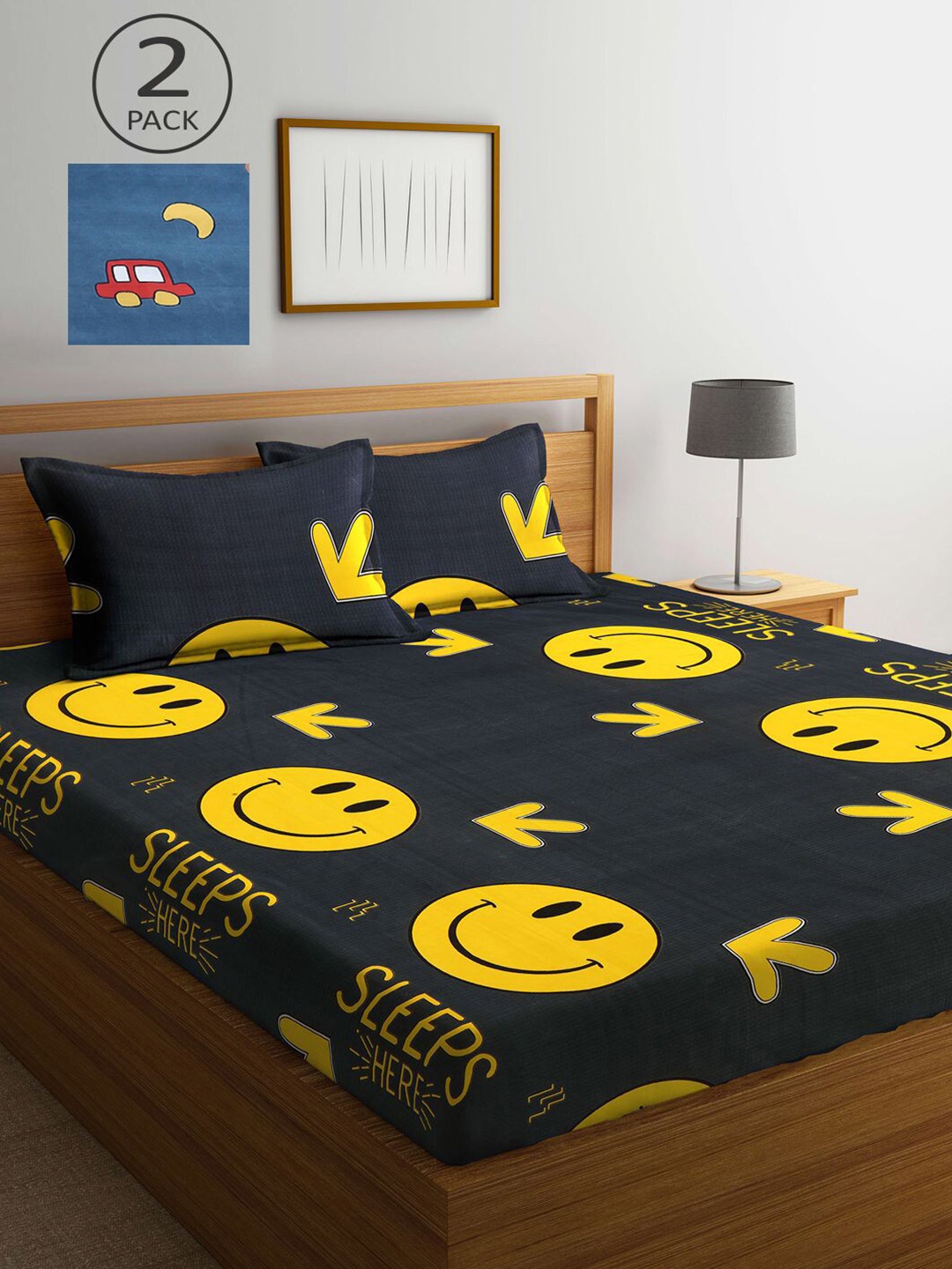 

KLOTTHE Black & Blue Cartoon Characters 210 TC Set Of 2 King Bedsheet with 4 Pillow Covers