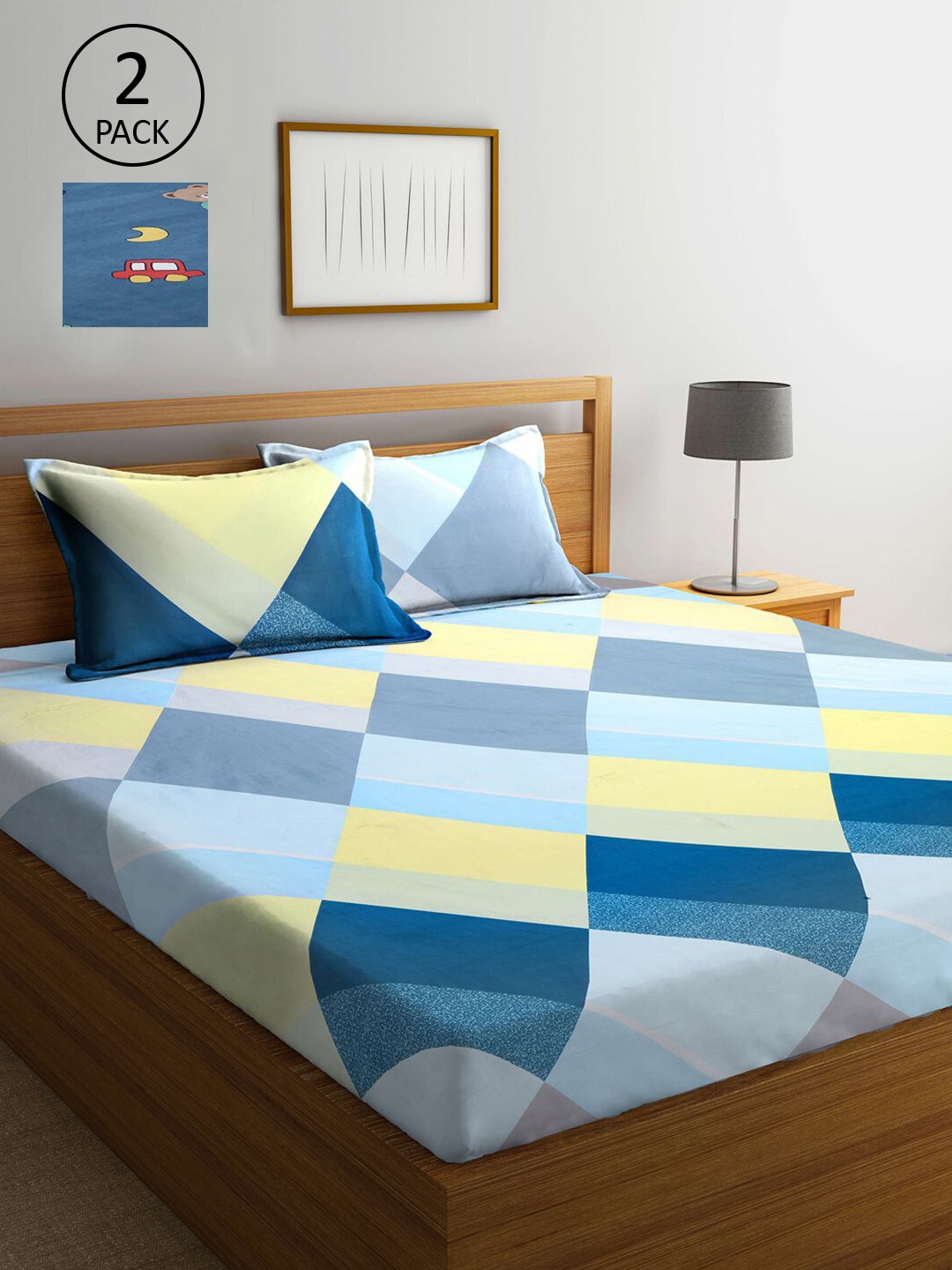 

KLOTTHE Blue & Yellow Geometric Printed 210 TC 2 King Bedsheets with 4 Pillow Covers