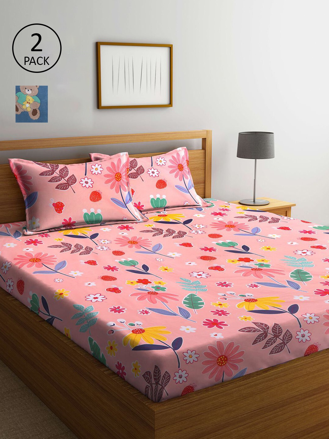 

KLOTTHE Blue & Pink Floral 210 TC Set Of 2 King Bedsheet with 4 Pillow Covers