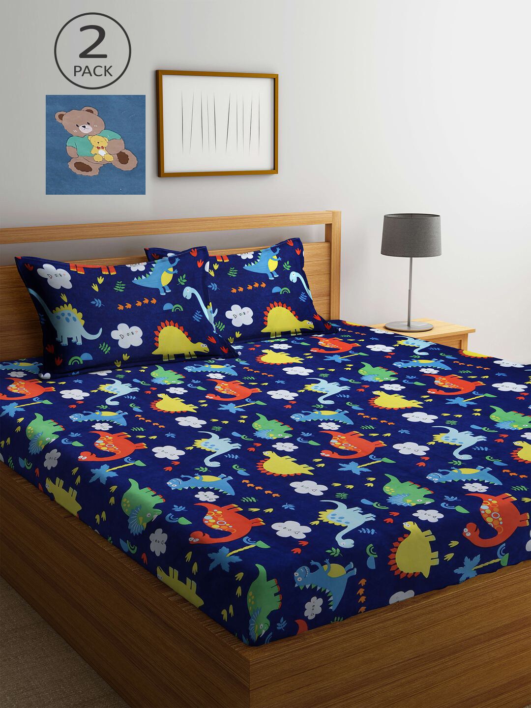 

KLOTTHE Blue Cartoon Printed 210 TC 2 King Bedsheets with 4 Pillow Covers
