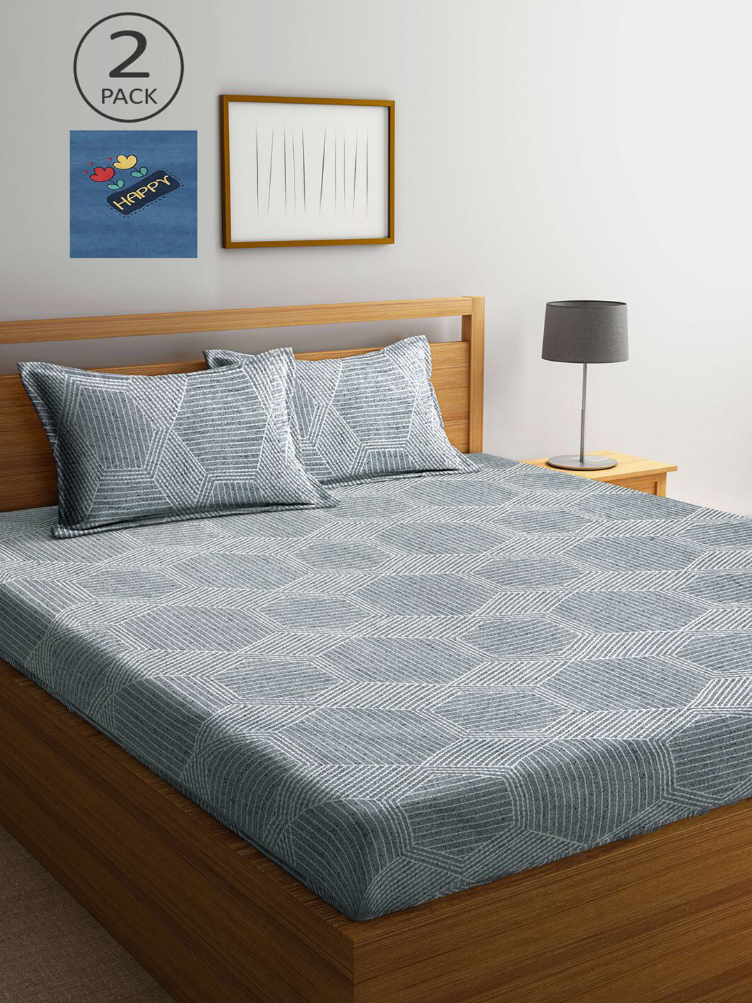 

KLOTTHE Blue & Grey Geometric 210 TC Set Of 2 King Bedsheet with 4 Pillow Covers