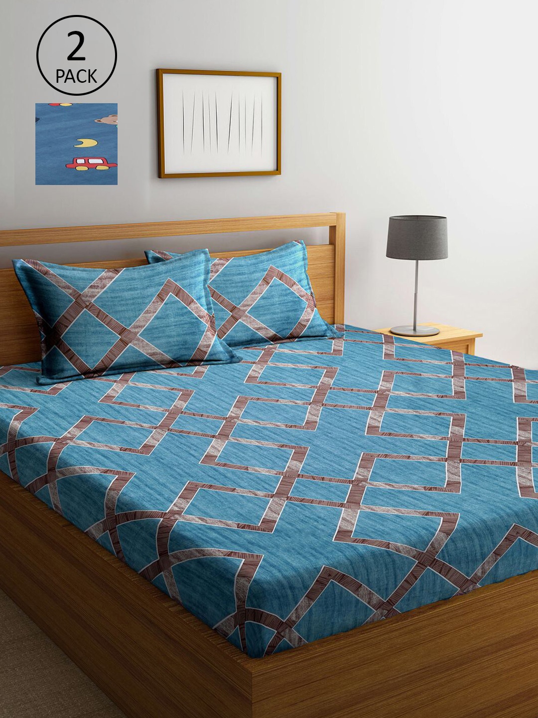 

KLOTTHE Blue Geometric Printed 210 TC 2 King Bedsheets with 4 Pillow Covers