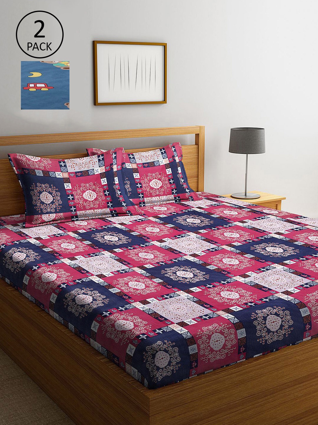 

KLOTTHE Blue & Pink Geometric 210 TC 2 King Bedsheet with 4 Pillow Covers