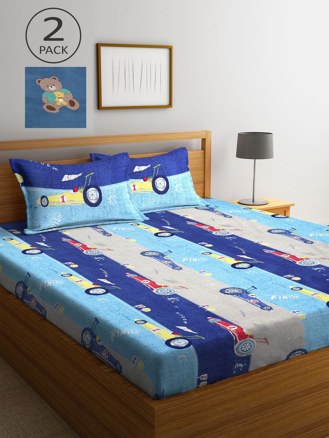 

KLOTTHE Blue & Grey 210 TC 2 King Bedsheet with 4 Pillow Covers