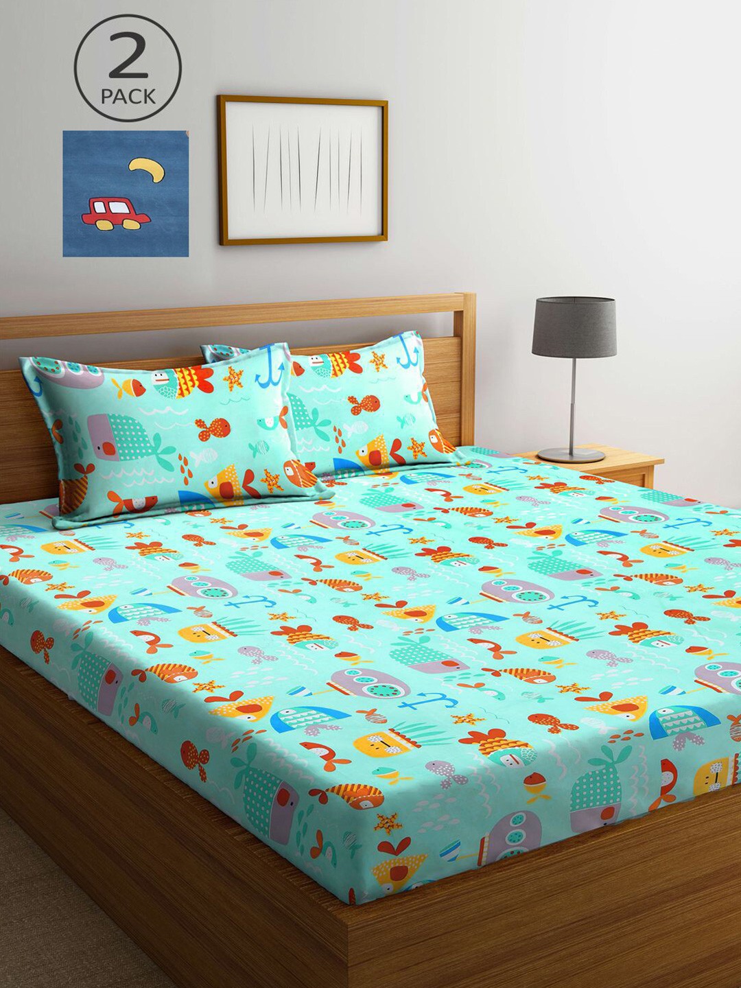 

KLOTTHE Blue & Red Cartoon Characters 210 TC Set Of 2 King Bedsheet with 4 Pillow Covers