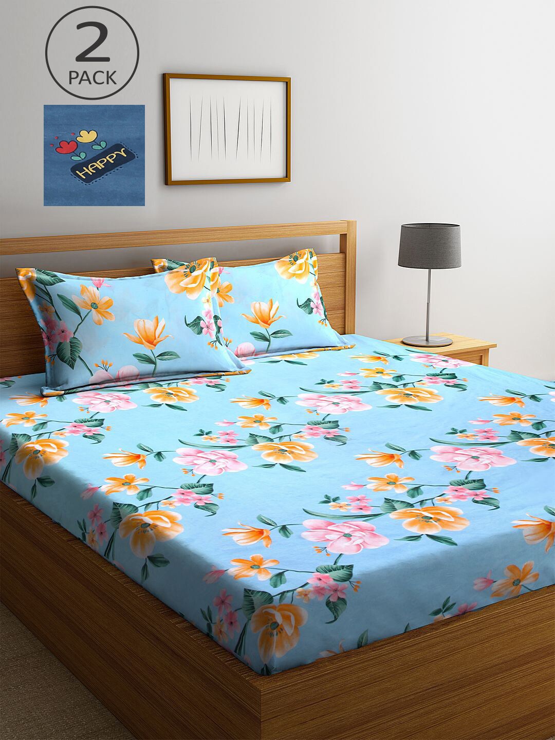 

KLOTTHE Blue & Orange Floral 210 TC Set Of 2 King Bedsheet with 4 Pillow Covers