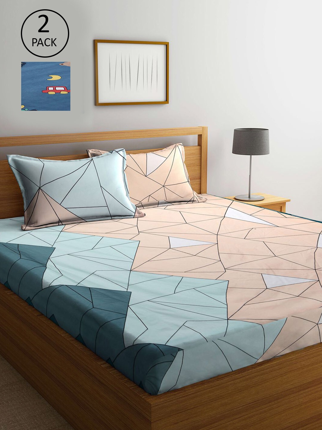 

KLOTTHE Blue & Red Geometric 300 TC 2 King Bedsheet With 4 Pillow Covers