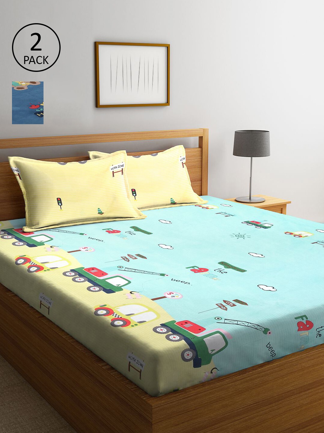 

KLOTTHE Blue & Blue Cartoon Printed 210 TC 2 King Bedsheets with 4 Pillow Covers