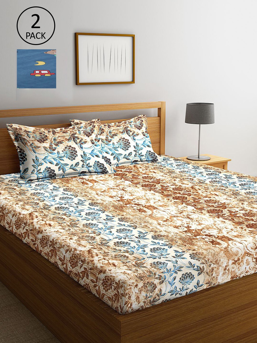 

KLOTTHE Blue & Brown Floral 210 TC Set Of 2 King Bedsheet with 4 Pillow Covers