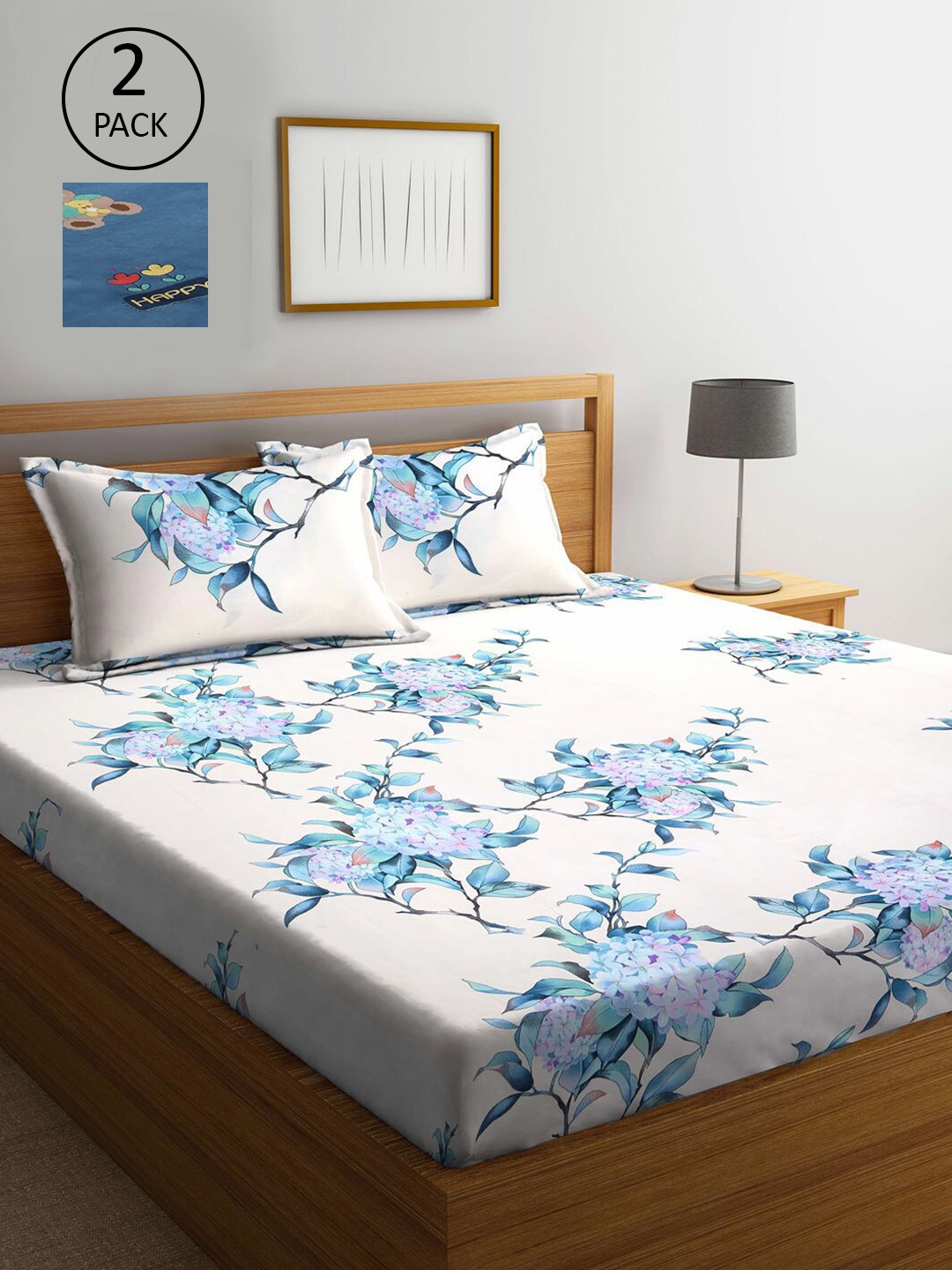 

KLOTTHE White & Blue Floral 210 TC 2 King Bedsheet with 4 Pillow Covers