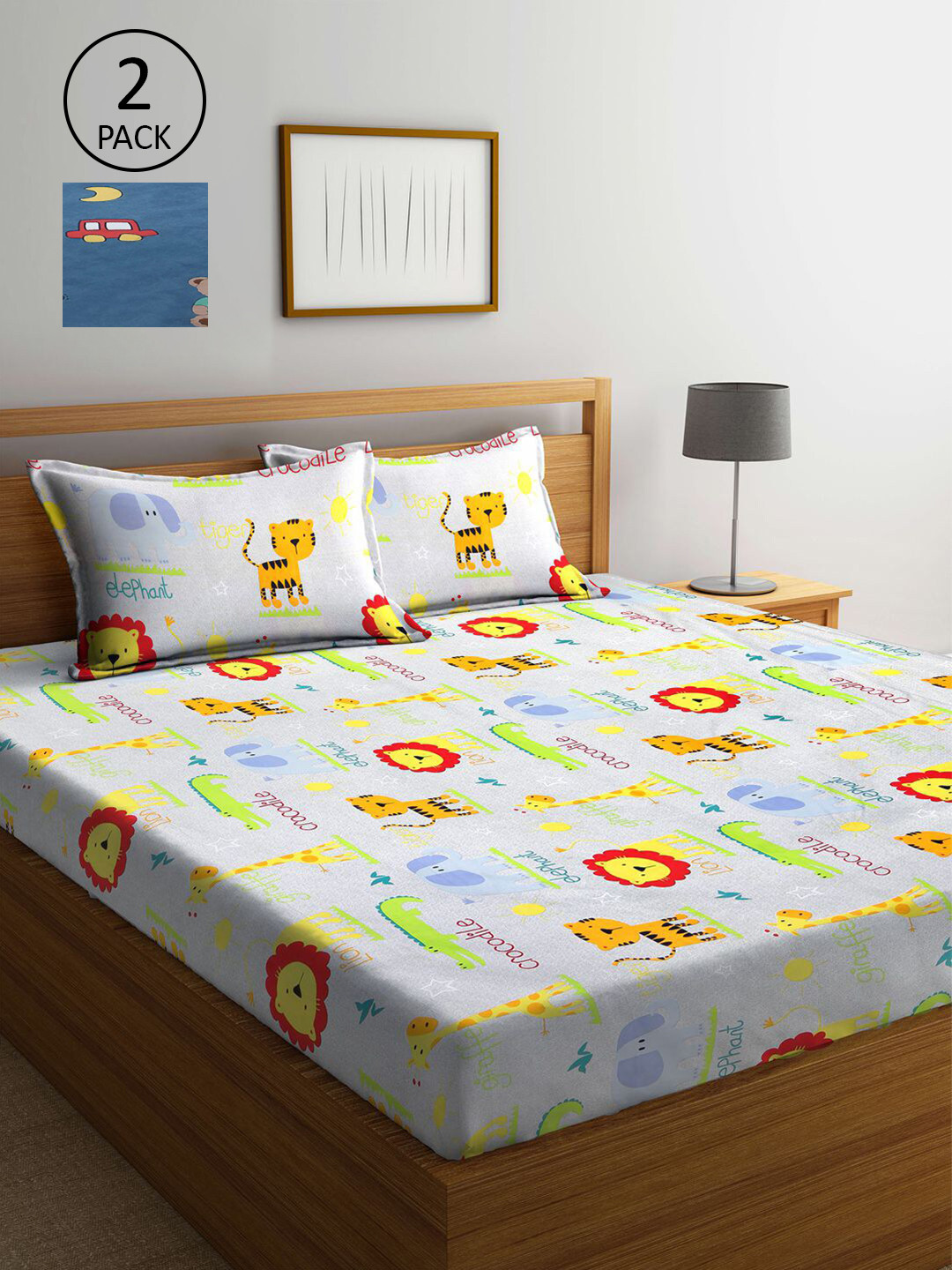 

KLOTTHE Grey & Blue Cartoon Printed 210 TC 2 King Bedsheets with 4 Pillow Covers