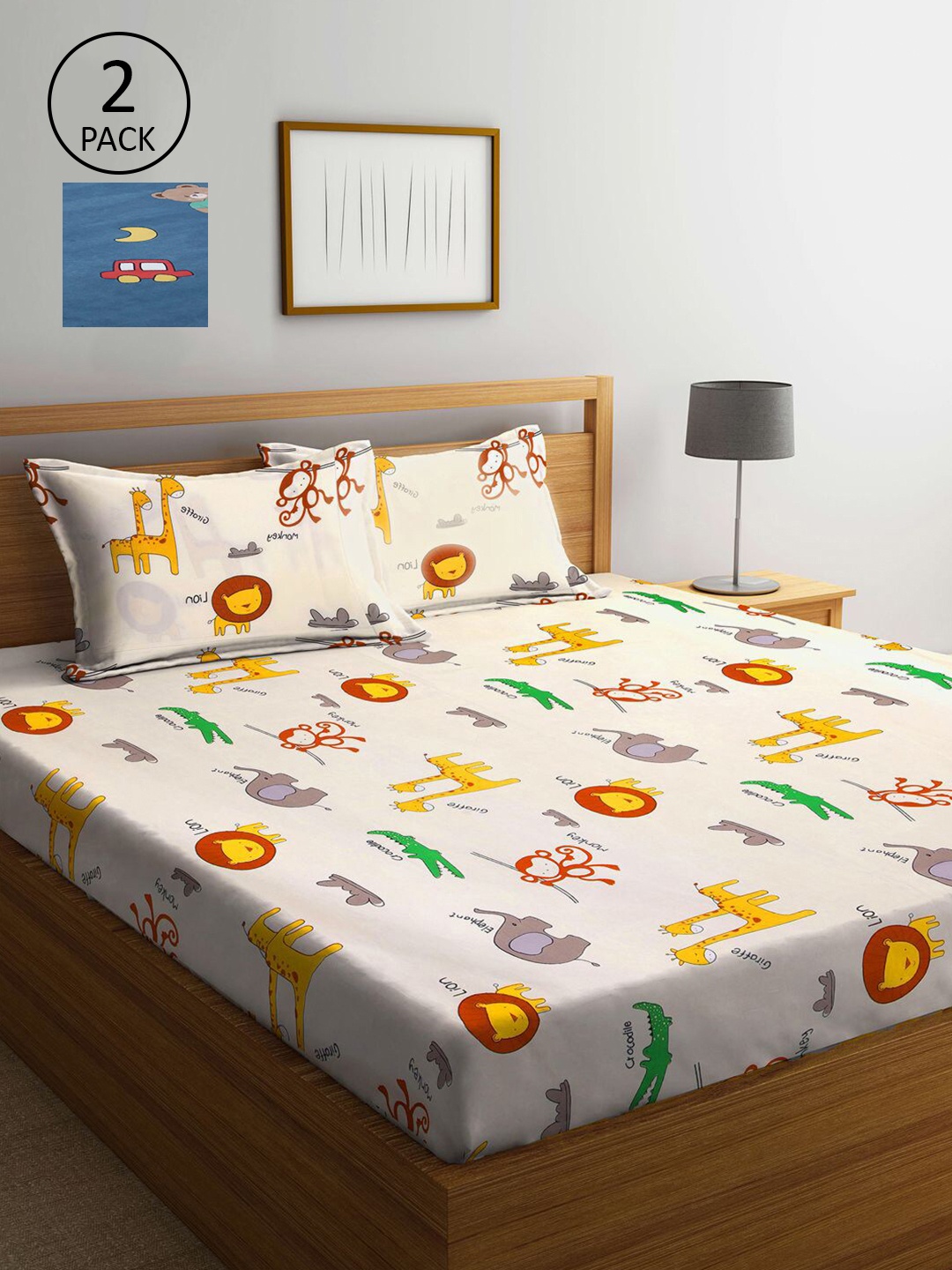 

KLOTTHE White & Blue Cartoon Characters 300 TC 2 King Bedsheet with 4 Pillow Covers