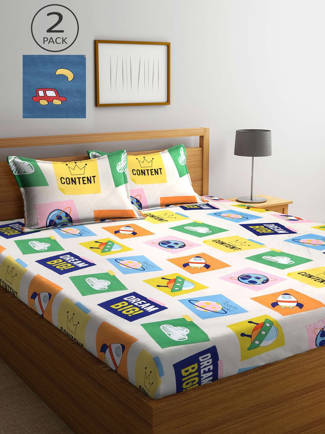 

KLOTTHE White & Blue Conversational Printed 210 TC 2 King Bedsheets with 4 Pillow Covers