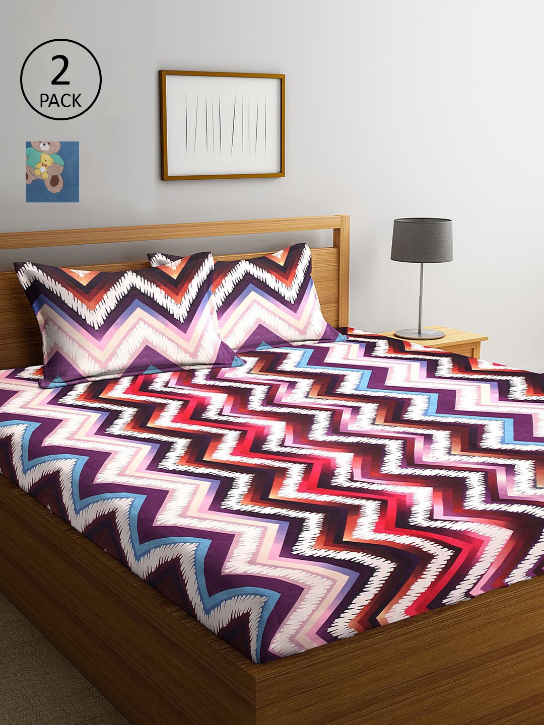 

KLOTTHE Blue & Red Geometric Printed 210 TC 2 King Bedsheets with 4 Pillow Covers