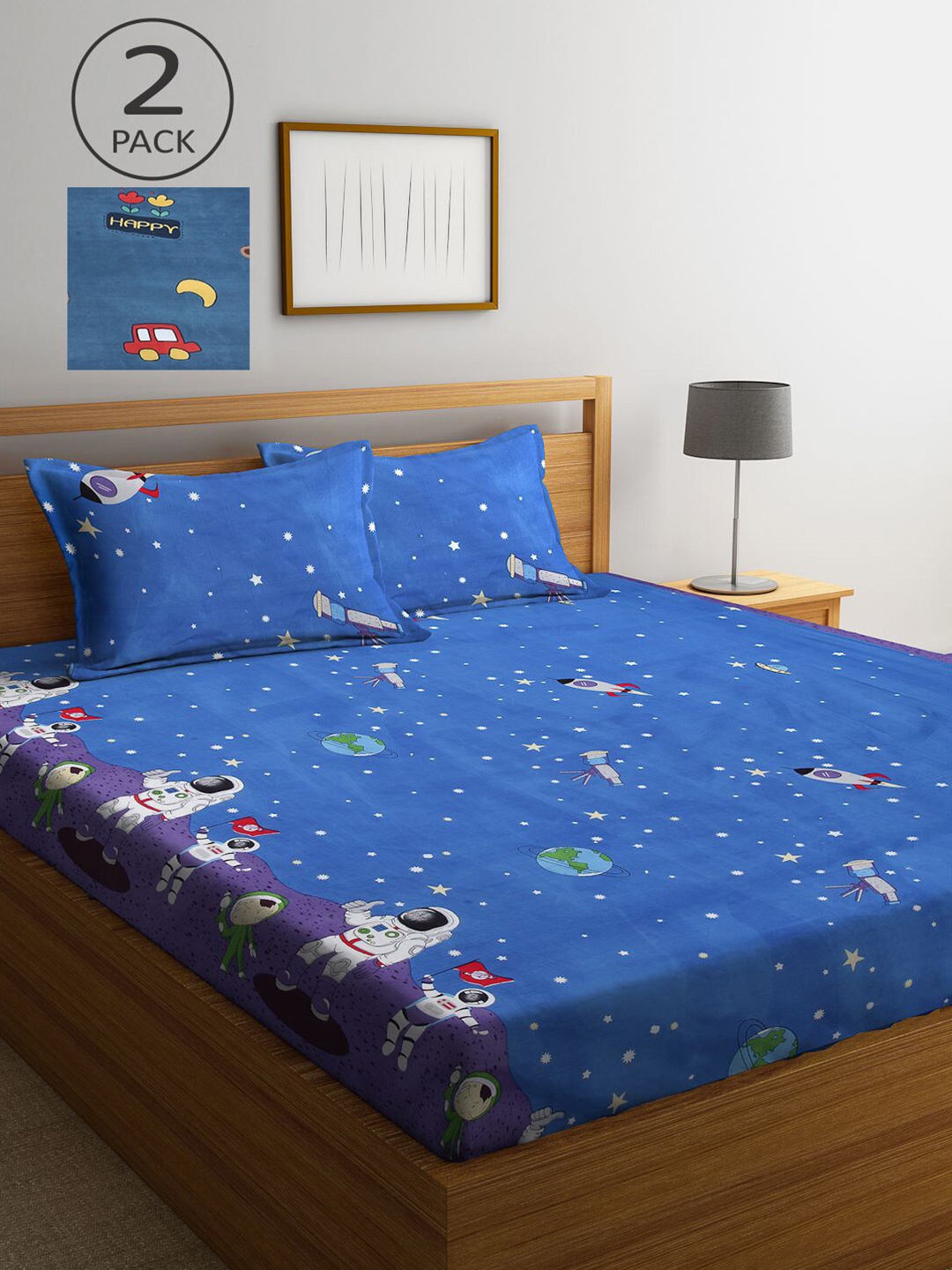 

KLOTTHE Blue & Red Cartoon Characters 210 TC Set Of 2 King Bedsheet with 4 Pillow Covers