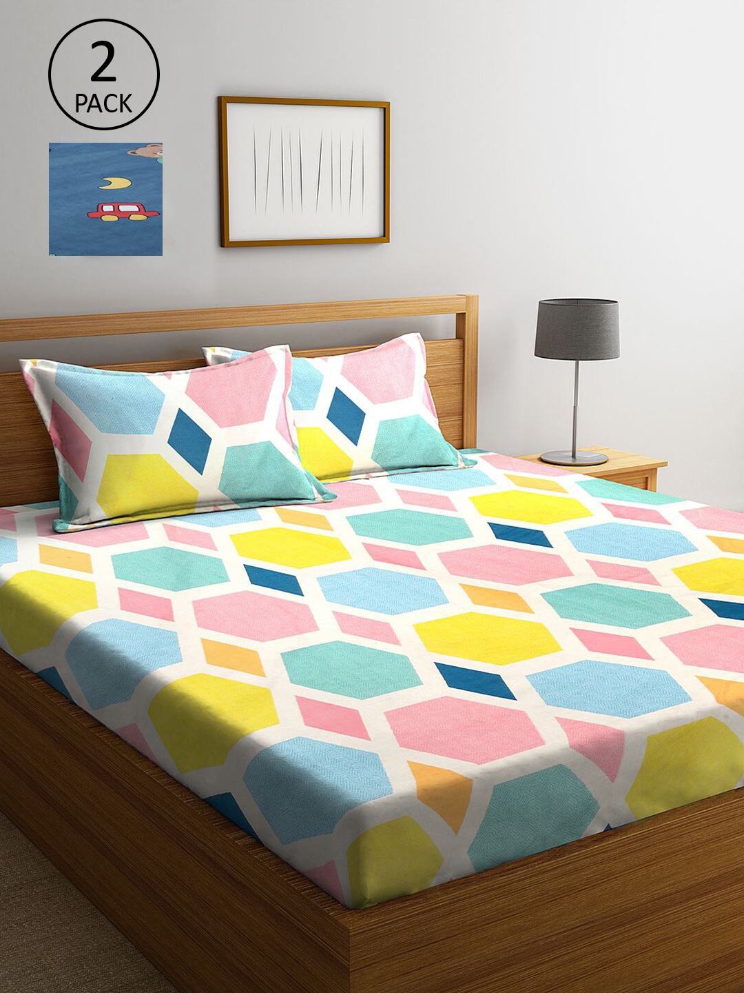 

KLOTTHE Cream-Coloured & Blue Geometric 210 TC Set Of 2 King Bedsheet with 4 Pillow Covers