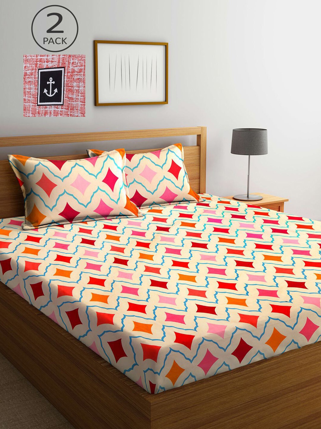 

KLOTTHE Red & Orange Geometric Printed 210 TC 2 King Bedsheets with 4 Pillow Covers