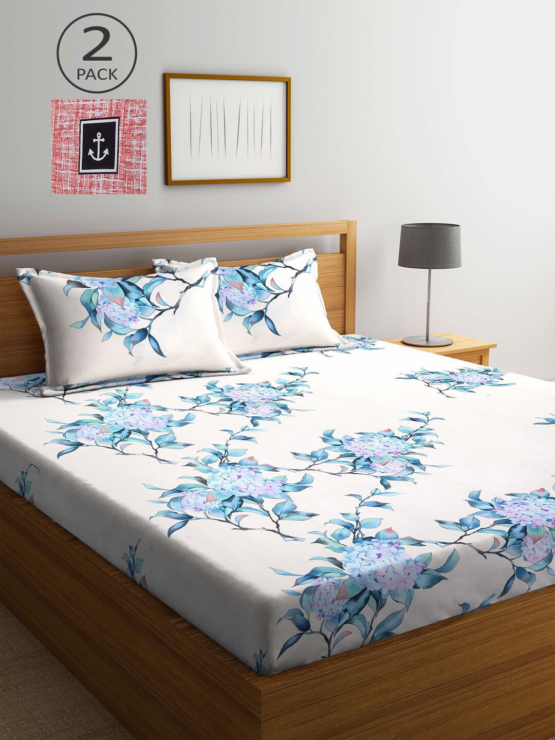 

KLOTTHE White & Blue Floral 300 TC 2 King Bedsheet with 4 Pillow Covers