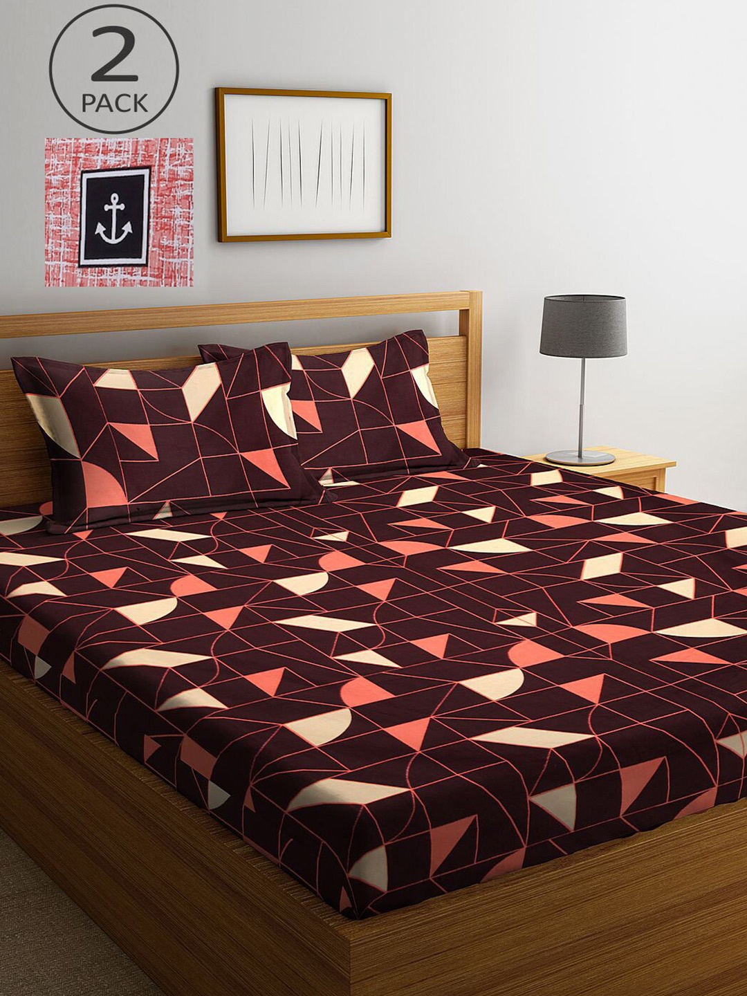 

KLOTTHE Brown & Red Geometric 210 TC 2 King Bedsheet with 4 Pillow Covers
