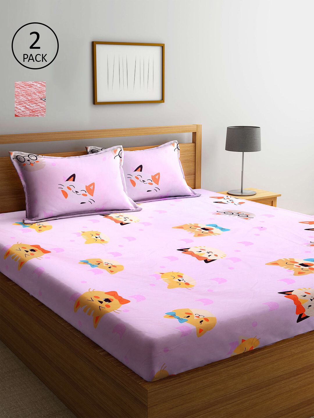 

KLOTTHE Pink & Red Cartoon Characters 300 TC 2 King Bedsheet with 4 Pillow Covers