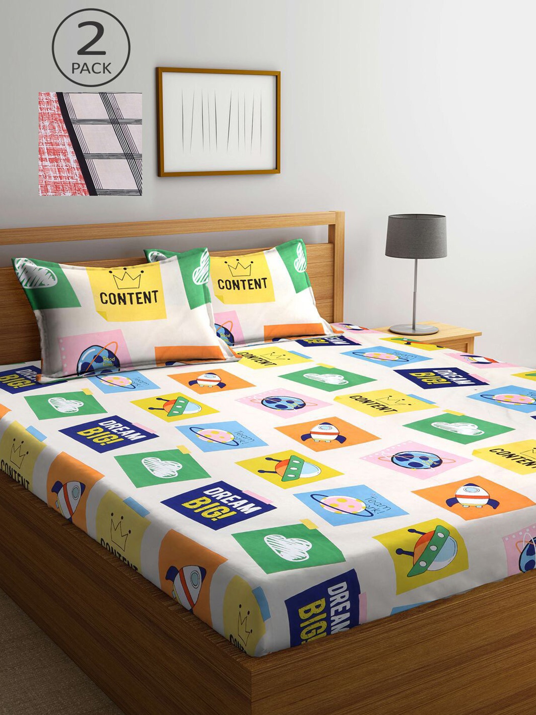 

KLOTTHE Red & Cream Cartoon Characters 300 TC 2 King Bedsheet With 4 Pillow Covers