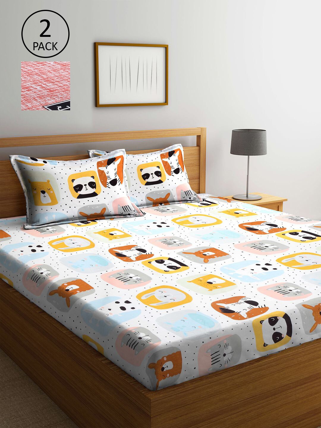 

KLOTTHE White & Red Cartoon Printed 210 TC 2 King Bedsheets with 4 Pillow Covers
