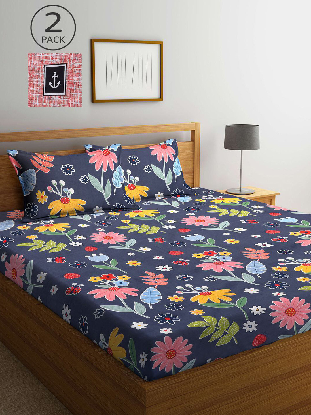 

KLOTTHE Navy Blue & Red Floral 210 TC 2 King Bedsheet with 4 Pillow Covers