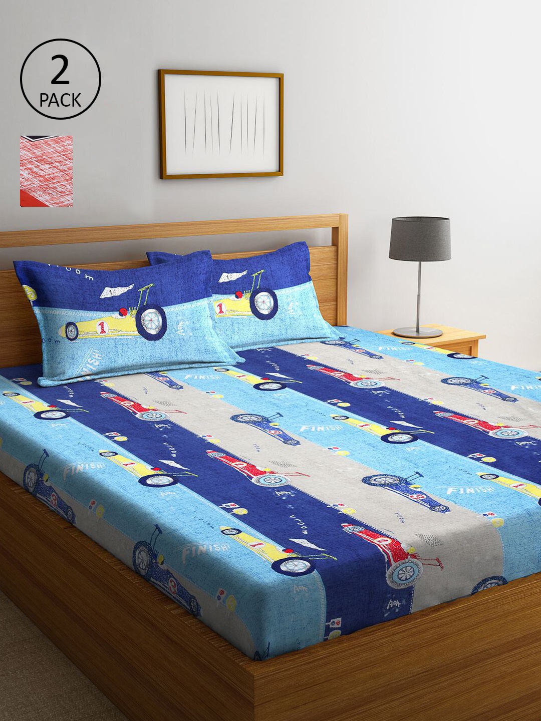 

KLOTTHE Blue & Red Conversational 210 TC Set Of 2 King Bedsheet with 4 Pillow Covers