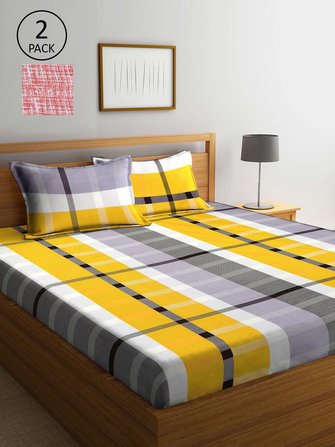 

KLOTTHE Red & Yellow Geometric 210 TC Set Of 2 King Bedsheet with 4 Pillow Covers