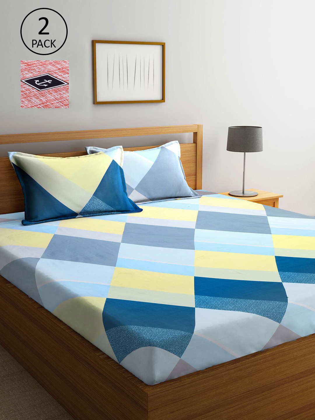 

KLOTTHE Blue & Red Geometric 210 TC Set Of 2 King Bedsheet with 4 Pillow Covers