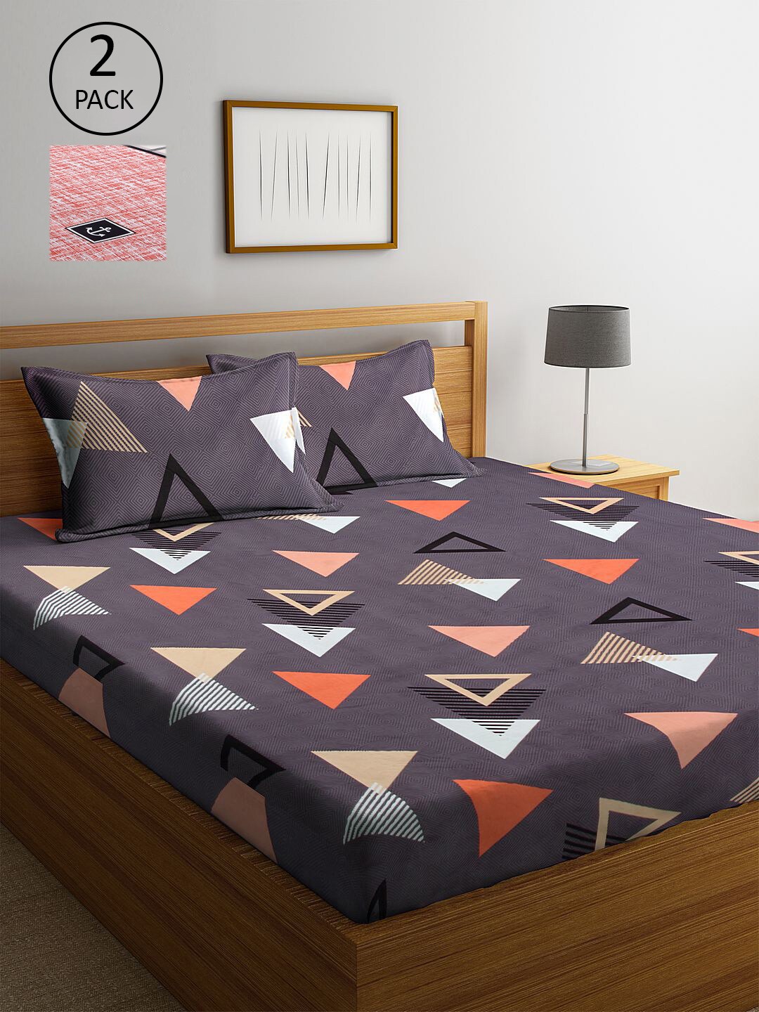 

KLOTTHE Purple & Red Geometric 210 TC Set Of 2 King Bedsheet with 4 Pillow Covers