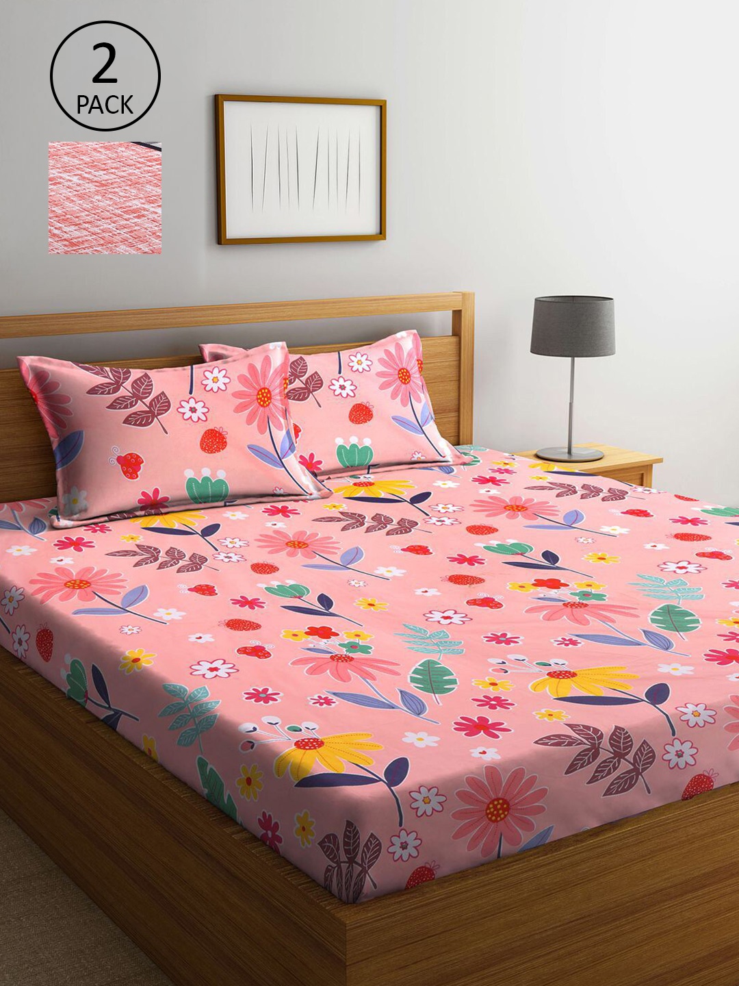 

KLOTTHE Red & Pink Floral 210 TC Set Of 2 King Bedsheet with 4 Pillow Covers