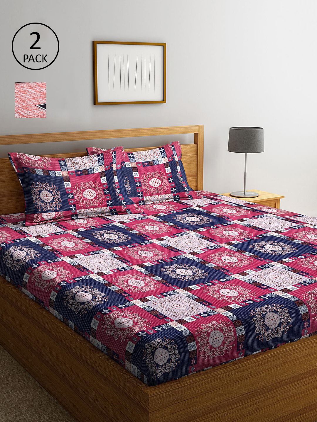 

KLOTTHE Blue & Red Geometric Printed 210 TC 2 King Bedsheets with 4 Pillow Covers