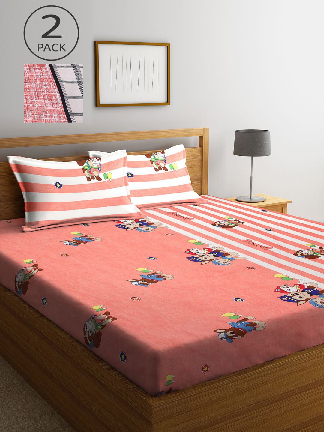 

KLOTTHE Peach-Coloured & Red Cartoon Printed 210 TC 2 King Bedsheets with 4 Pillow Covers